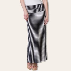 Vintage Hot Luxx Black White Striped Roll Top Jersey  Knit Stretchy Maxi Skirt M